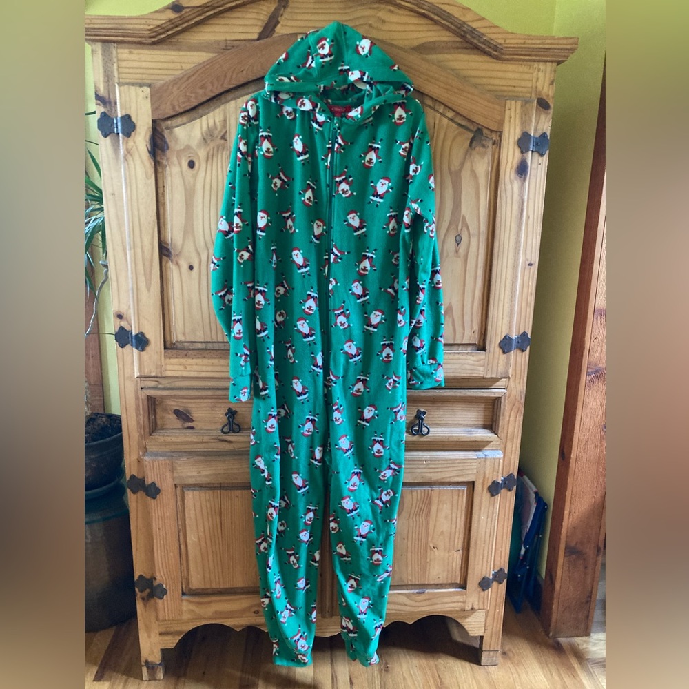 Women’s Holiday Home green red Santa hooded one piece pajamas - size L